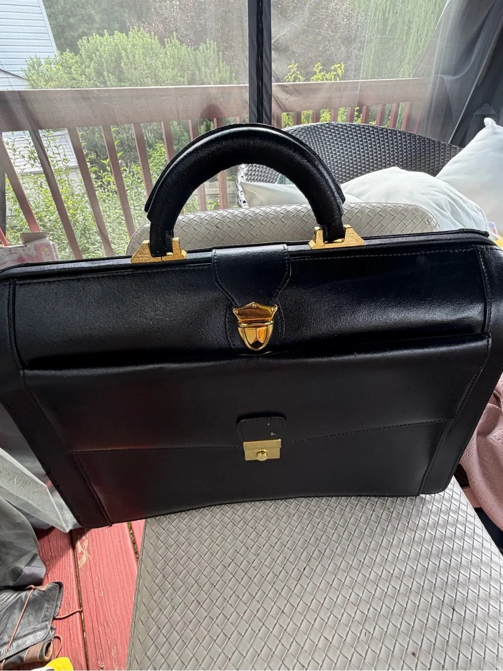 Men's Black Leather Briefcase with Gold Hardware - Classic Professional Style